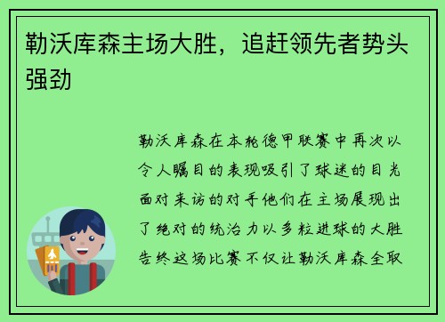 勒沃库森主场大胜，追赶领先者势头强劲